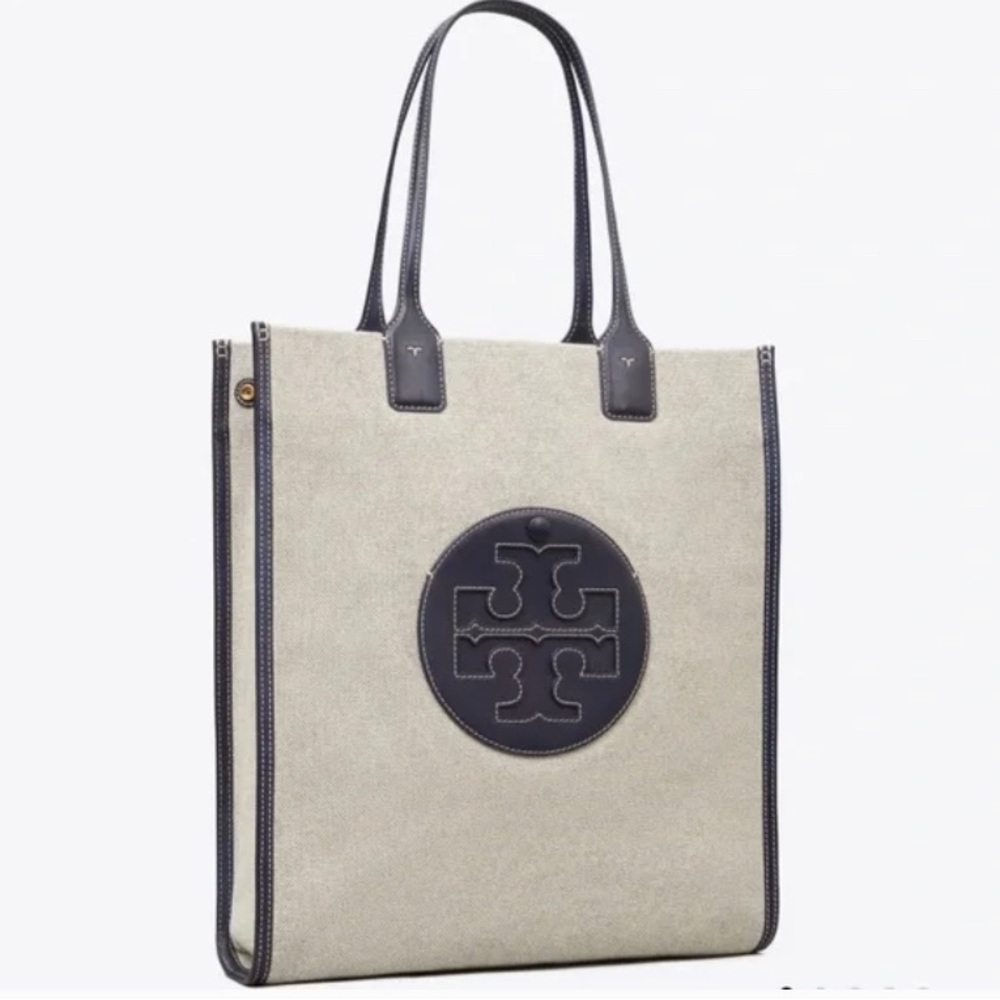 Tory Burch tote with navy leather logo. Brand new with tags